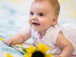 baby girl with sunflower