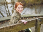 red head bride on bench